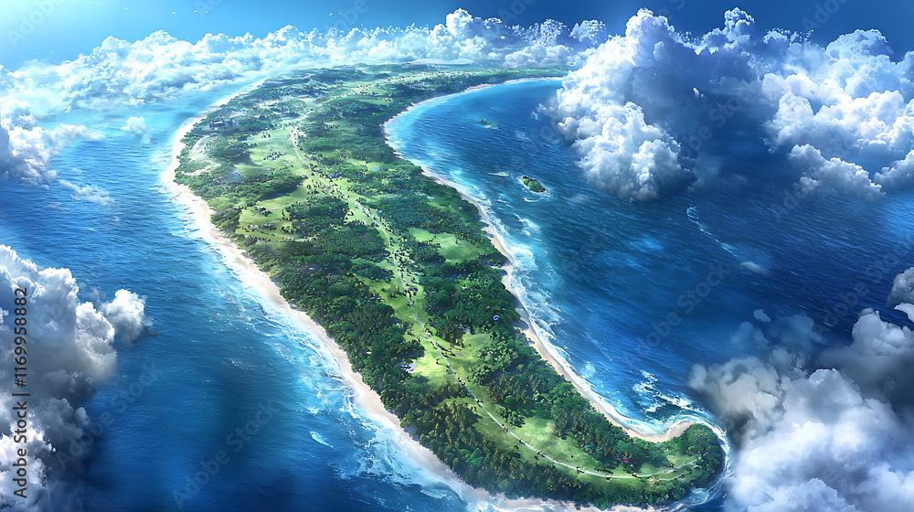 Naklejka premium Aerial view of lush barrier island surrounded by vibrant blue ocean and clouds