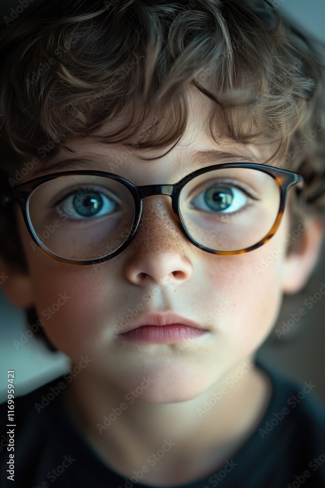 Fototapeta premium Young boy with glasses, blue eyes and contemplative expression.