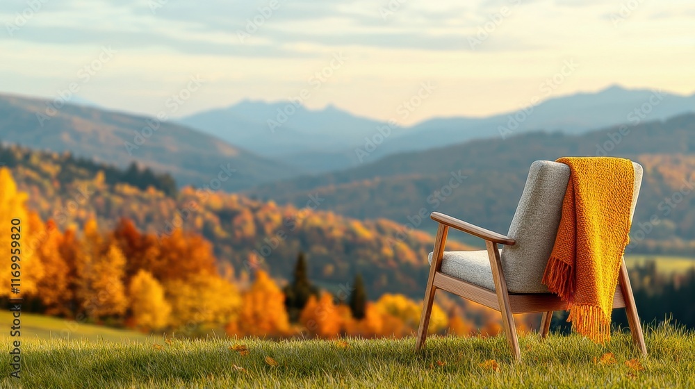 Fototapeta premium [Soothing textures Comforting Soft Mellow] Serene Autumn Afternoon - Wooden Adirondack Chair Against Clear Blue Sky Amidst Yellow Leaf Trees Over Mountain Valley Landscape
