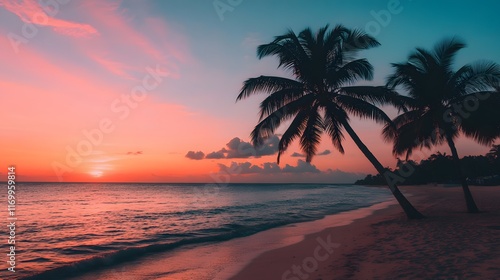 Tropical Sunset Beach Scene with Palm Trees Silhouetted