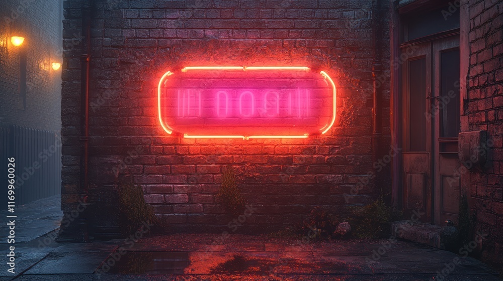 Fototapeta premium Neon sign glowing on a brick wall in an alley.