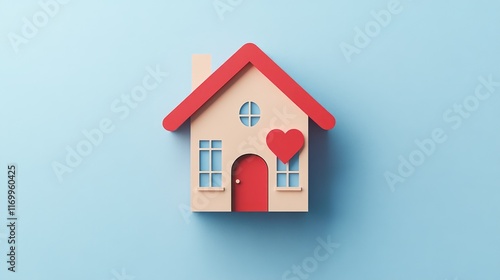 Wallpaper Mural A stylized representation of a house with a heart design on the door, suggesting love or family. The image is a three-dimensional rendering with a blue sky in the background. Torontodigital.ca