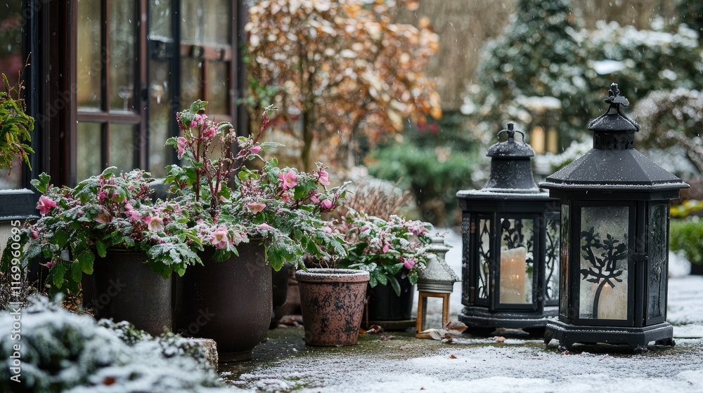 Cozy Winter Garden with Snowy Plants and Elegant Lanterns Cozy Winter Garden with Snowy Plants and Elegant Lanterns