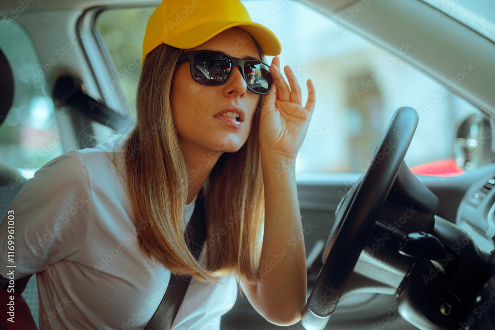Naklejka premium Woman Wearing Hat and Sunglasses Spying from a Car Funny detective on a lookout from her vehicle in undercover mission 