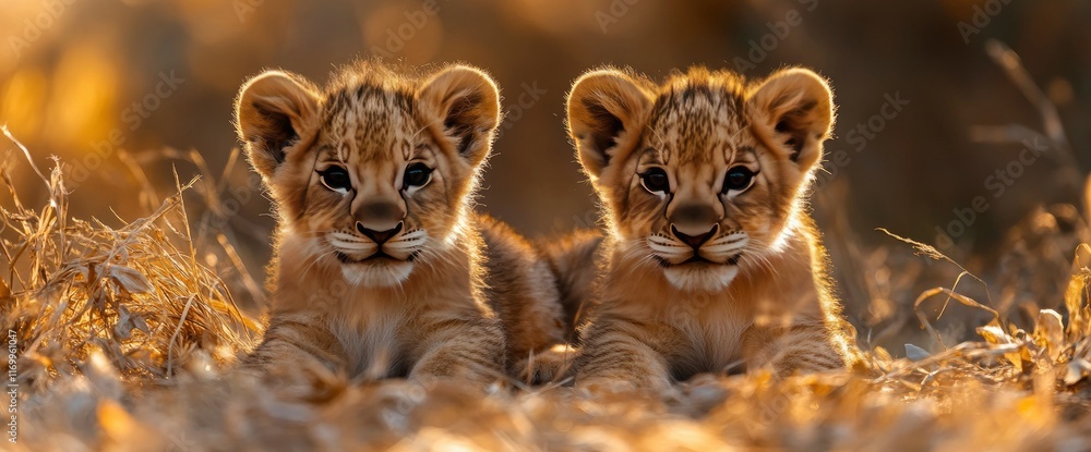 Obraz premium Two Adorable Lion Cubs in Golden Sunlight