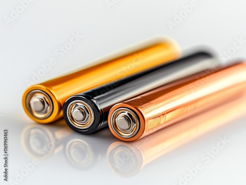 Three AA batteries in gold, black and copper on a white background. photo