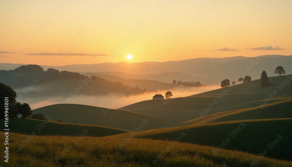 Obraz premium breathtaking sunrise over rolling hills with a house in the distance