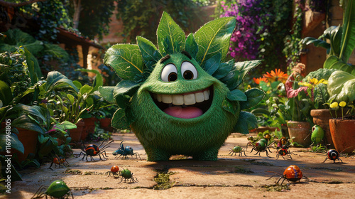 Happy animated plant creature surrounded by colorful bugs in a vibrant garden.