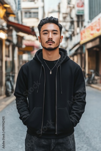 A young man stands confidently in a narrow street, wearing a black zipped hoodi mockupe and jeans. The background features urban architecture and shops, creating a vibrant city atmosphere.  photo