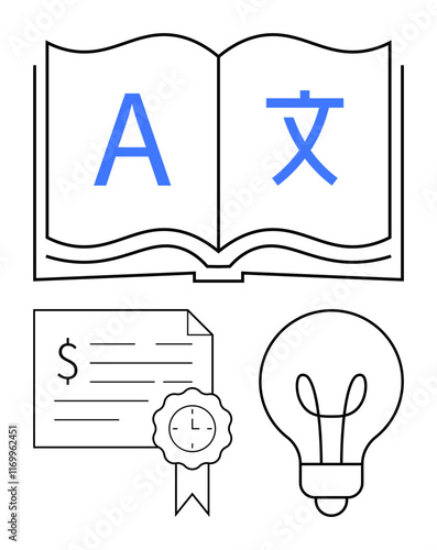 Open book with symbols of different languages, a certificate with a ribbon seal, and a light bulb. Ideal for education, learning, certification, knowledge, translation, creativity innovation