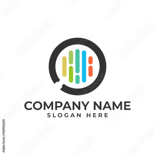 Modern logo featuring a circle shape with a colorful bar graph design inside, combined with a magnifying glass in negative space. It symbolizes analytics, search, data, and innovative technology