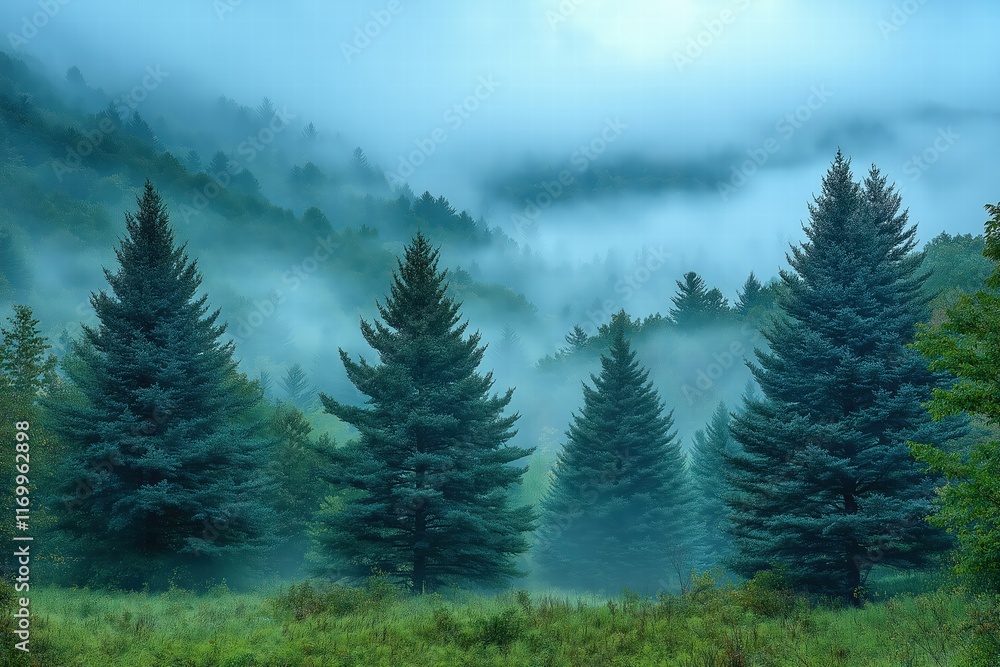 Fototapeta premium Misty morning in the forest with evergreen trees surrounded by fog in a lush green landscape