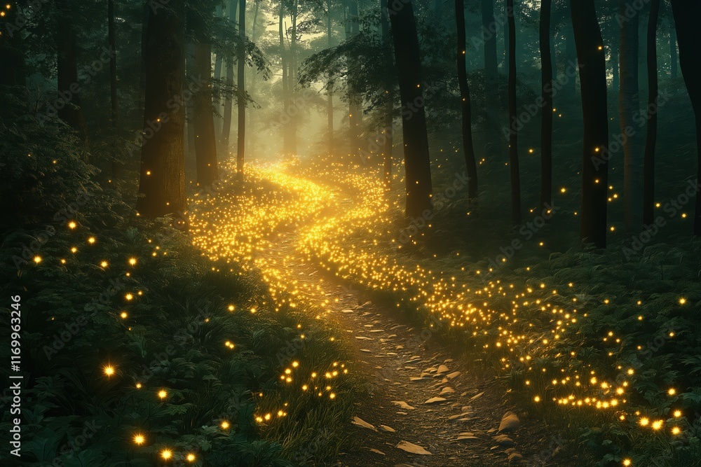 Naklejka premium Magical pathway illuminated by fireflies deep in a serene forest during twilight