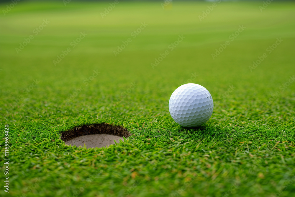 Golf Ball Positioned on Manicured Grass Close to Hole Perfect for Competitive Matches and Outdoor Leisure Activities Golf Ball Positioned on Manicured Grass Close to Hole Perfect for Competitive Matches and Outdoor Leisure Activities