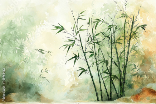 Watercolor painting of bamboo forest, serene nature scene.
