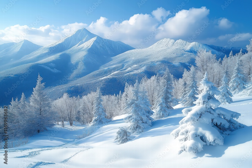Obraz premium Winter landscape features snow-covered mountains and frosted trees under a clear blue sky