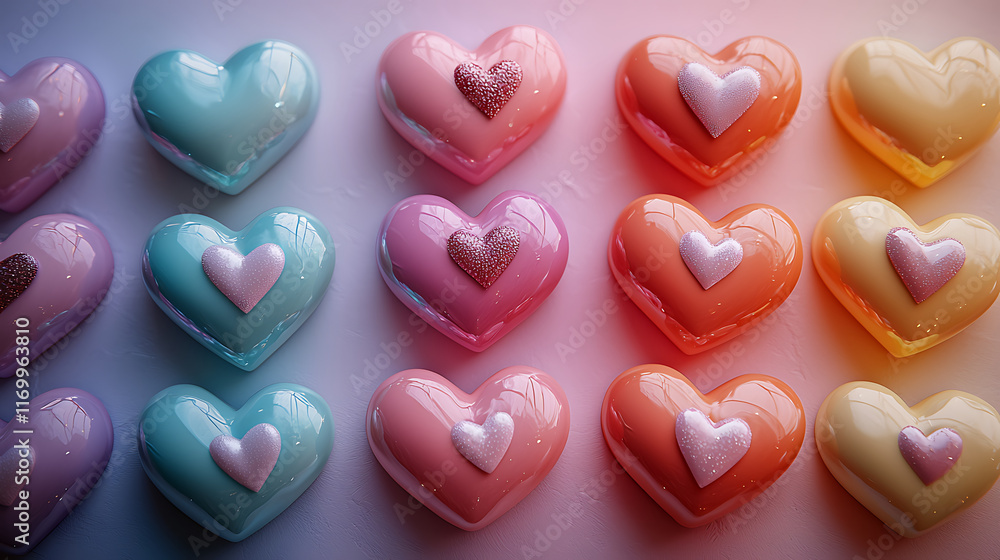 Obraz premium Colorful heart shaped candies in pastel shades create joyful display
