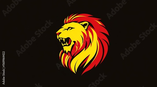 Iconic lion soccer logo in red and yellow. The bold and fierce lion symbolizes strength, power, and teamwork,  photo