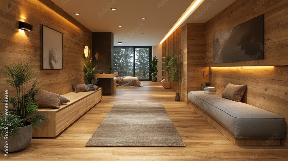Fototapeta premium Modern wooden interior with natural elements.