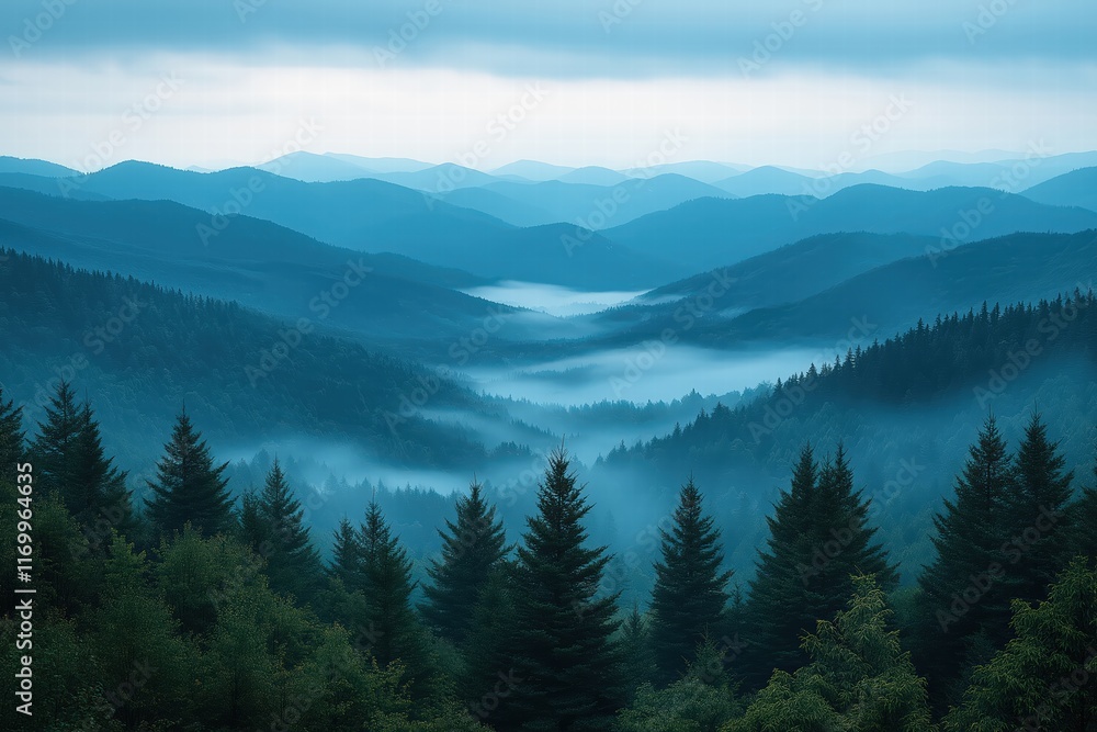 Scenic view of misty blue mountains and evergreen forests in early morning light Scenic view of misty blue mountains and evergreen forests in early morning light