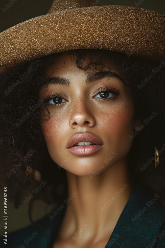 Captivating portrait of a woman wearing a large hat with curly hair and soft makeup Captivating portrait of a woman wearing a large hat with curly hair and soft makeup