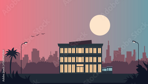 Hotel Apartment Building Landscape with Cityscape and Sun in Twilight