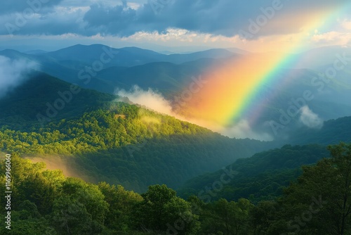 Majestic rainbow over misty mountains at dawn creates a stunning natural landscape