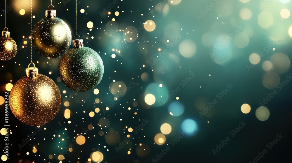 Fototapeta premium Dark green holiday background with glowing golden baubles and faint twinkling lights for an elegant effect. No text, no people.