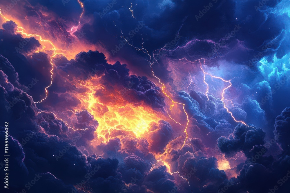 Fiery Lightning Storms Rage Across Dark Cloudscape Fiery Lightning Storms Rage Across Dark Cloudscape