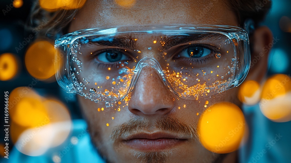 Young Man Wearing Safety Glasses With Glowing Particles Young Man Wearing Safety Glasses With Glowing Particles