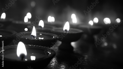 Close up of many candles with the light reflecting off the water. The candles are lit and the water is still photo