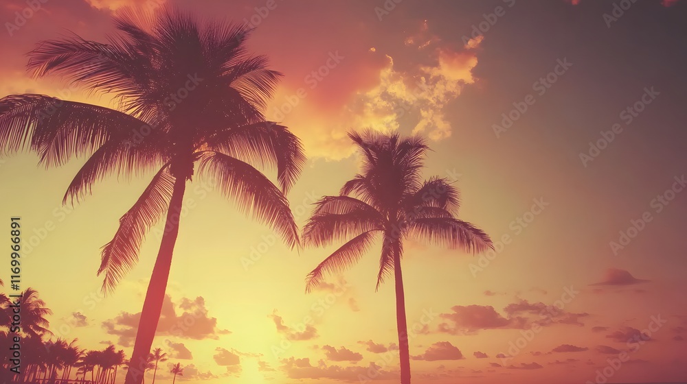 Tropical Sunset Silhouette Palm Trees Peaceful Sky Tropical Sunset Silhouette Palm Trees Peaceful Sky