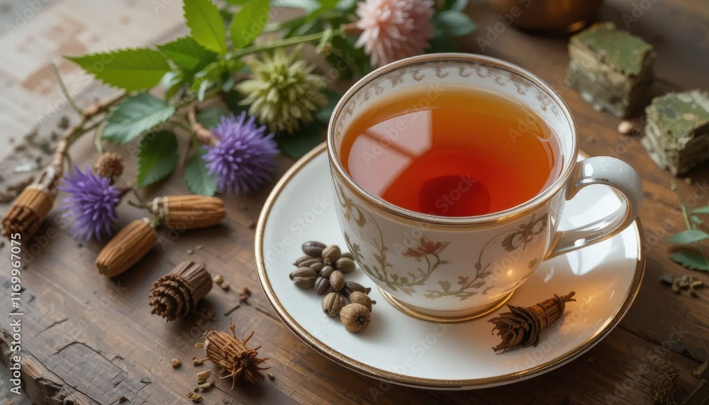 Aromatic Tea Cup with Dried Flowers and Herbs on Rustic Wooden Table Aromatic Tea Cup with Dried Flowers and Herbs on Rustic Wooden Table