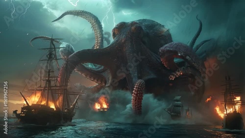 a giant octopus chases the ship
