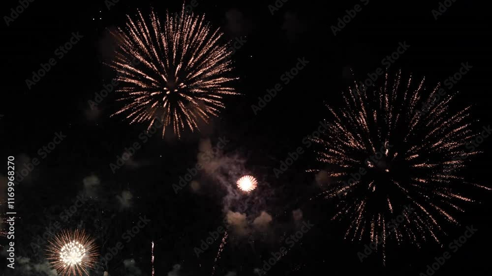 Celebration day. Skyline with fireworks light up sky over landmark skyscraper on the sea. for abstract background , anniversary, celebration , 4th independence day and new year background or wallpaper Celebration day. Skyline with fireworks light up sky over landmark skyscraper on the sea. for abstract background , anniversary, celebration , 4th independence day and new year background or wallpaper