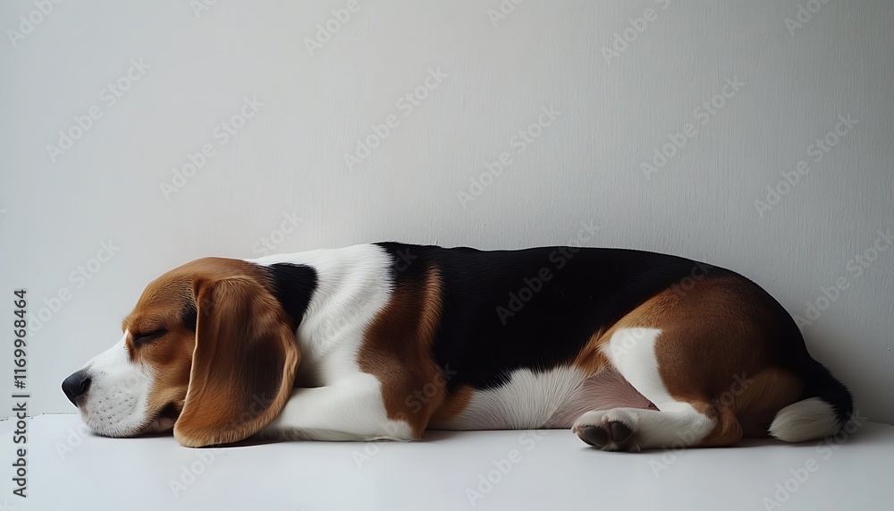 A beagle dog peacefully sleeping on a white surface. A beagle dog peacefully sleeping on a white surface.