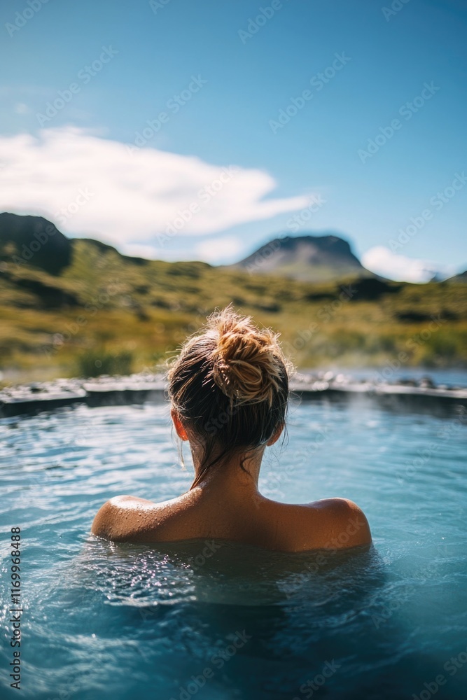A woman enjoying a soothing bath in a natural alpine setting, surrounded by rugged mountain terrain A woman enjoying a soothing bath in a natural alpine setting, surrounded by rugged mountain terrain