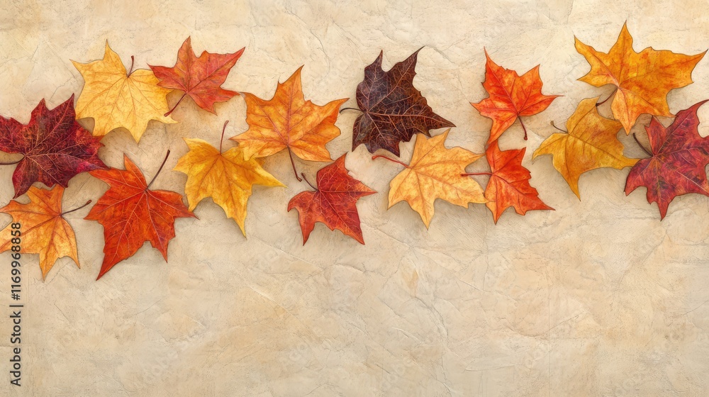Hand-drawn autumn leaves in orange, yellow, and red, cascading across a soft beige background. No text, no people. Hand-drawn autumn leaves in orange, yellow, and red, cascading across a soft beige background. No text, no people.