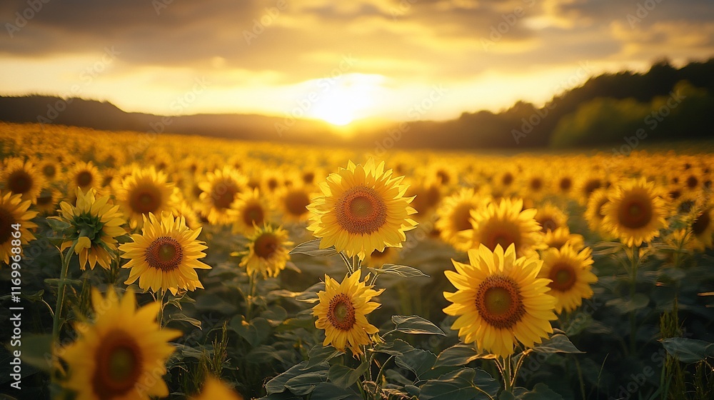 Fototapeta premium Sunflowers Bloom Golden At Sunset In A Field