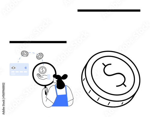 Woman analyzing financial data with a magnifying glass, showing icons of a dollar coin, credit card, and hand holding coin. Ideal for finance concepts, online transactions, savings, investment