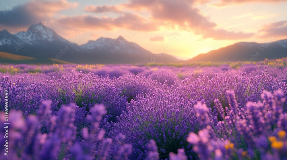 Fototapeta premium Lavender Field Sunset Majestic Mountain View