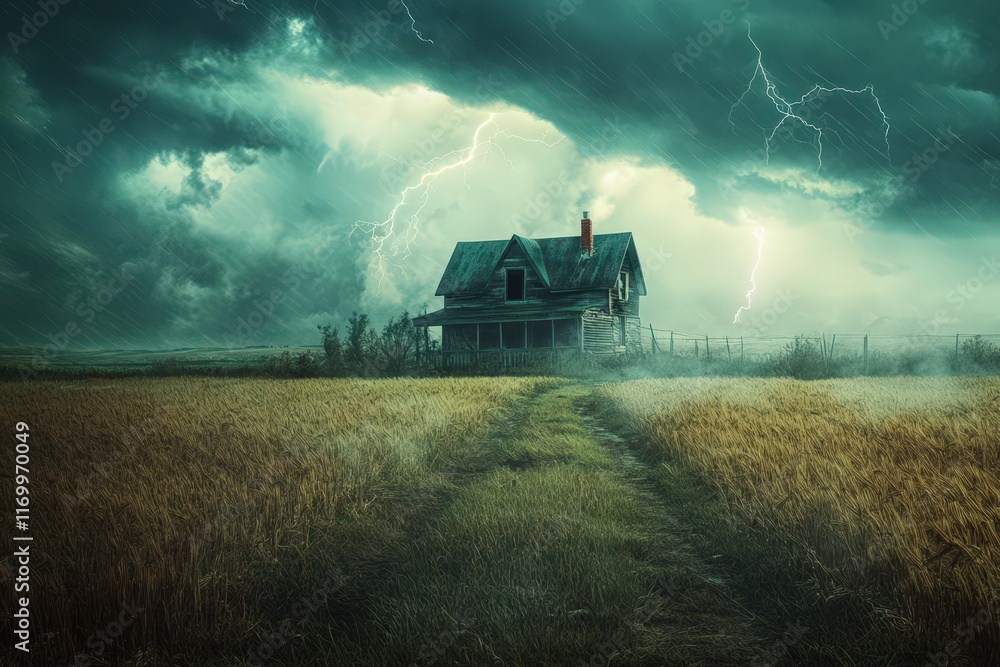Naklejka premium Abandoned Farmhouse Under a Dramatic Thunderstorm