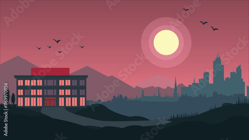 Hotel Apartment Building Landscape with Cityscape and Sun in Twilight