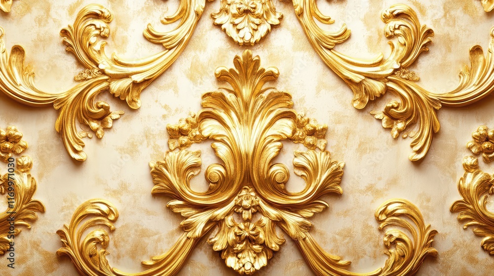 Opulent rococo-inspired patterns in gold on a textured cream silk background for a regal aesthetic. No text, no people. Opulent rococo-inspired patterns in gold on a textured cream silk background for a regal aesthetic. No text, no people.