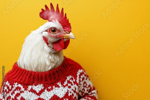 Funny chicken wearing a festive red sweater against a vibrant yellow background.