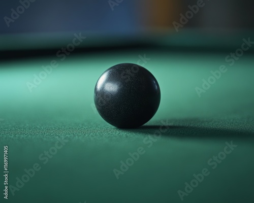 Black billiard ball on a green table. photo