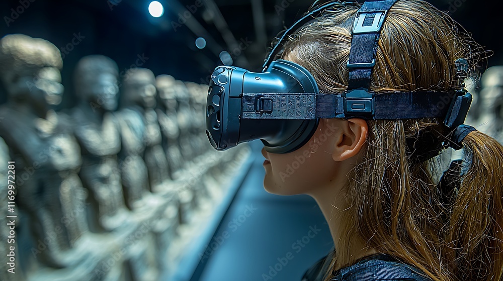 Young Woman Using Virtual Reality To View Ancient Statues Young Woman Using Virtual Reality To View Ancient Statues