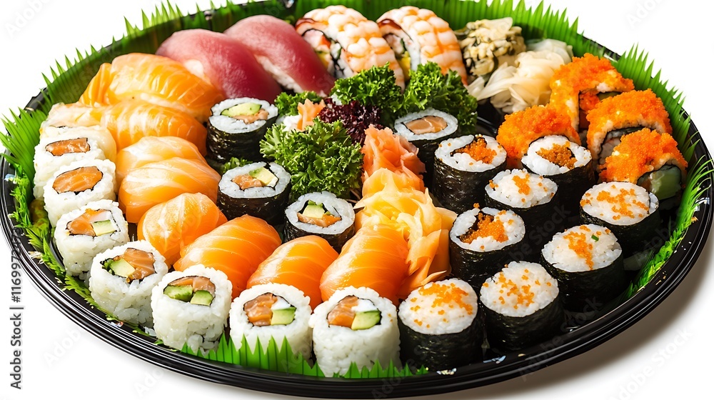 A beautifully arranged platter of assorted sushi and sashimi for sharing. A beautifully arranged platter of assorted sushi and sashimi for sharing.