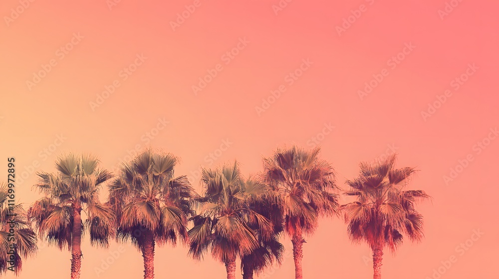 Fototapeta premium Palm Trees Silhouette Against a Coral Sky
