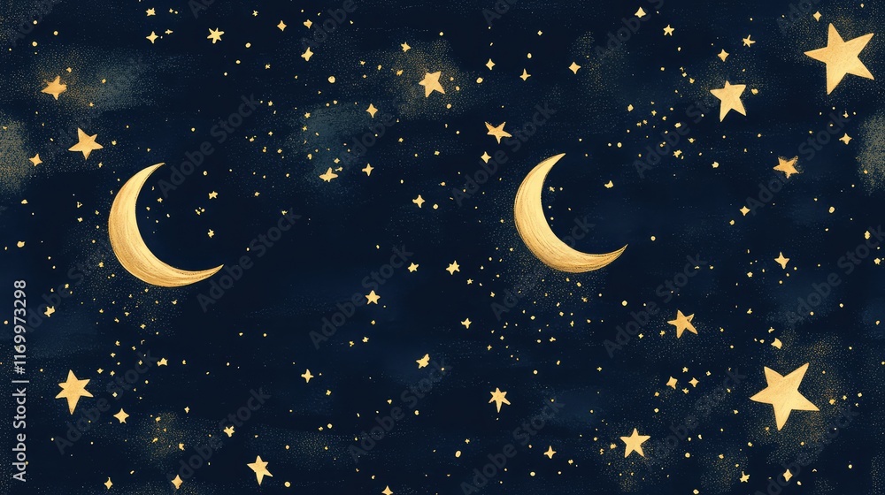 Whimsical hand-drawn stars and moon in golden hues scattered on a deep navy background, evoking a dreamy night sky. No text, no people. Whimsical hand-drawn stars and moon in golden hues scattered on a deep navy background, evoking a dreamy night sky. No text, no people.